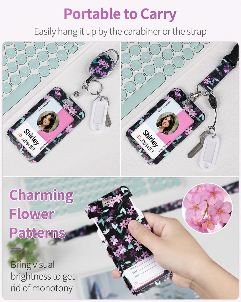 Uniclife Floral Sliding Badge Holder Purple Flower Plastic Case with Retractable Badge Reel Carabiner Clip & Detachable Lanyard Strap Fashionable Vertical Card Protector for Women Teacher Student - Image 2
